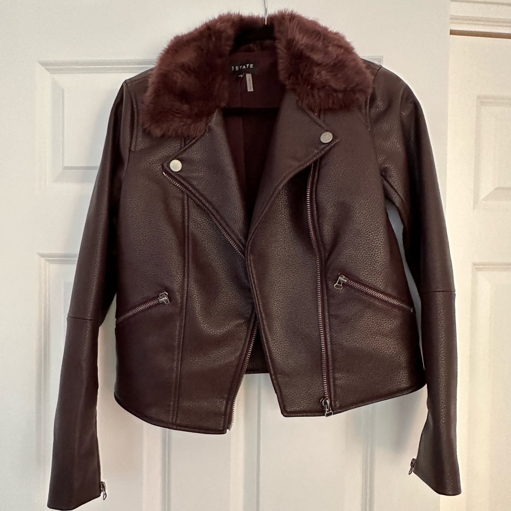 Fur Collar Maroon Leather Jacket
